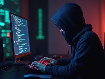 Hacker In Hoodie Typing Code On Computer