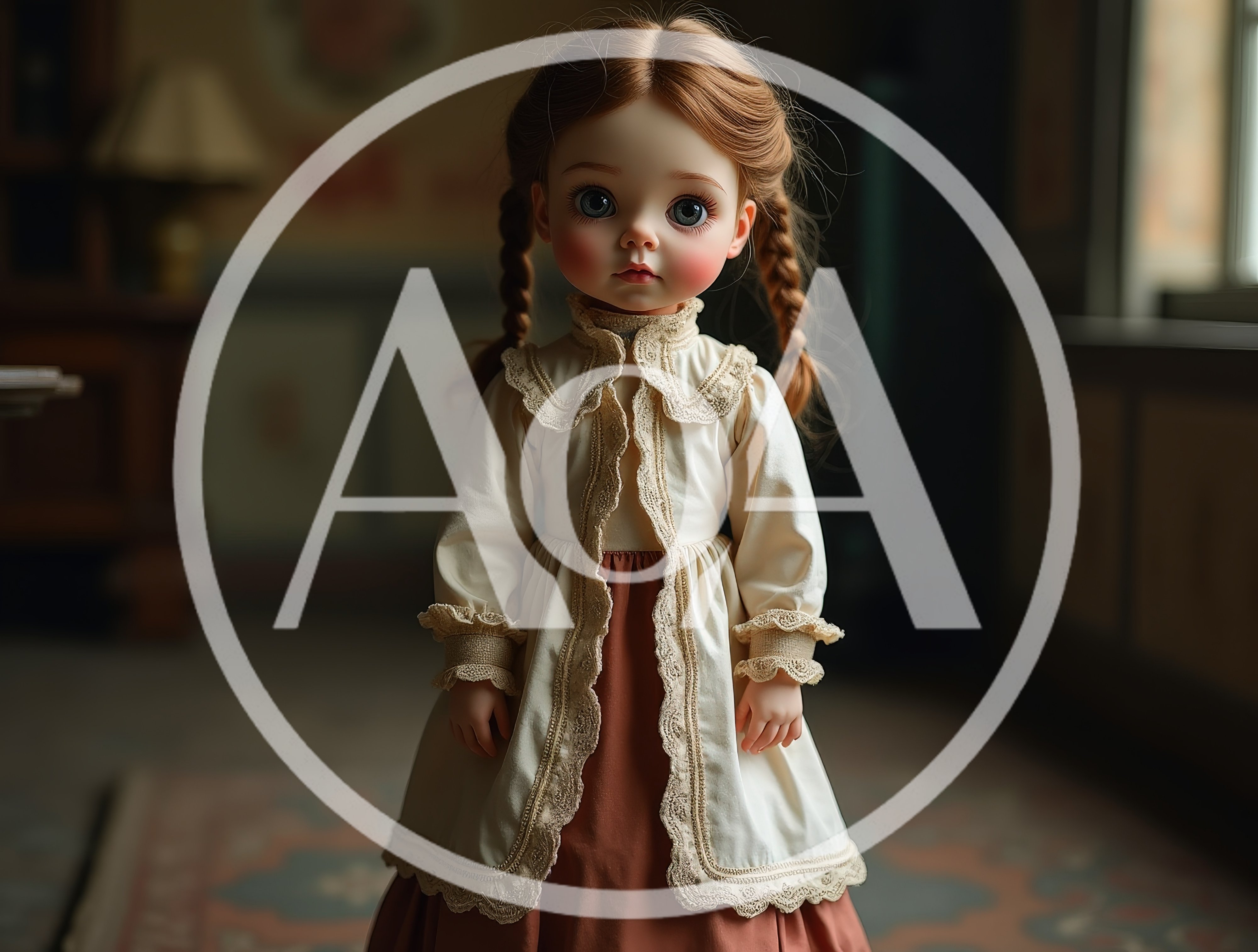Vintage Style Doll With Braided Hair In Antique Room
