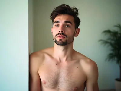 Shirtless Young Man Leaning Against A Wall