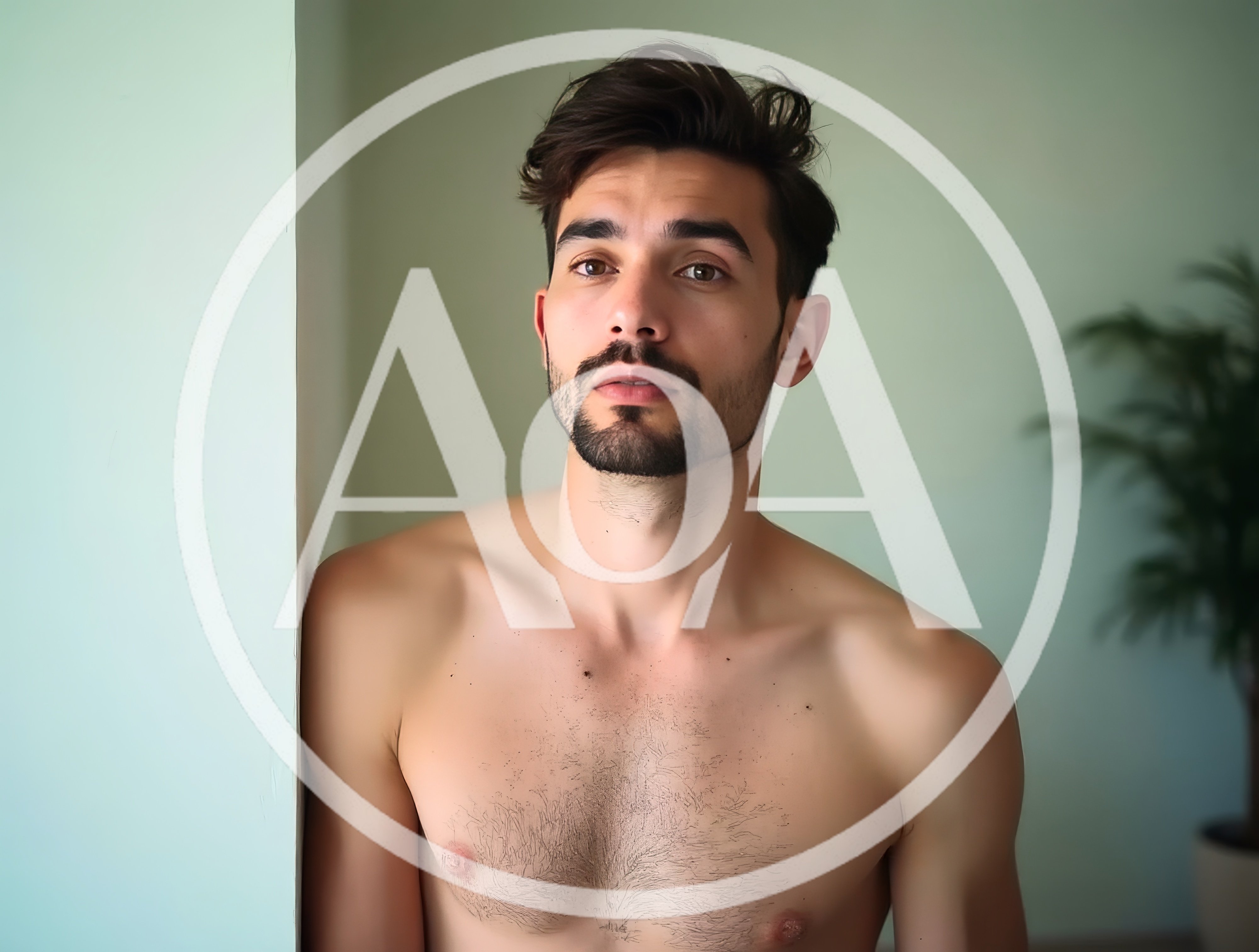 Shirtless Young Man Leaning Against A Wall