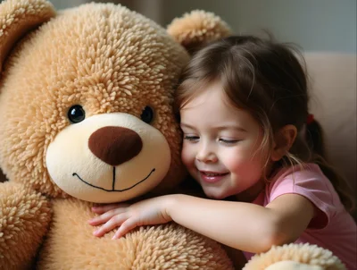 Little girl hugging giant teddy bear at home