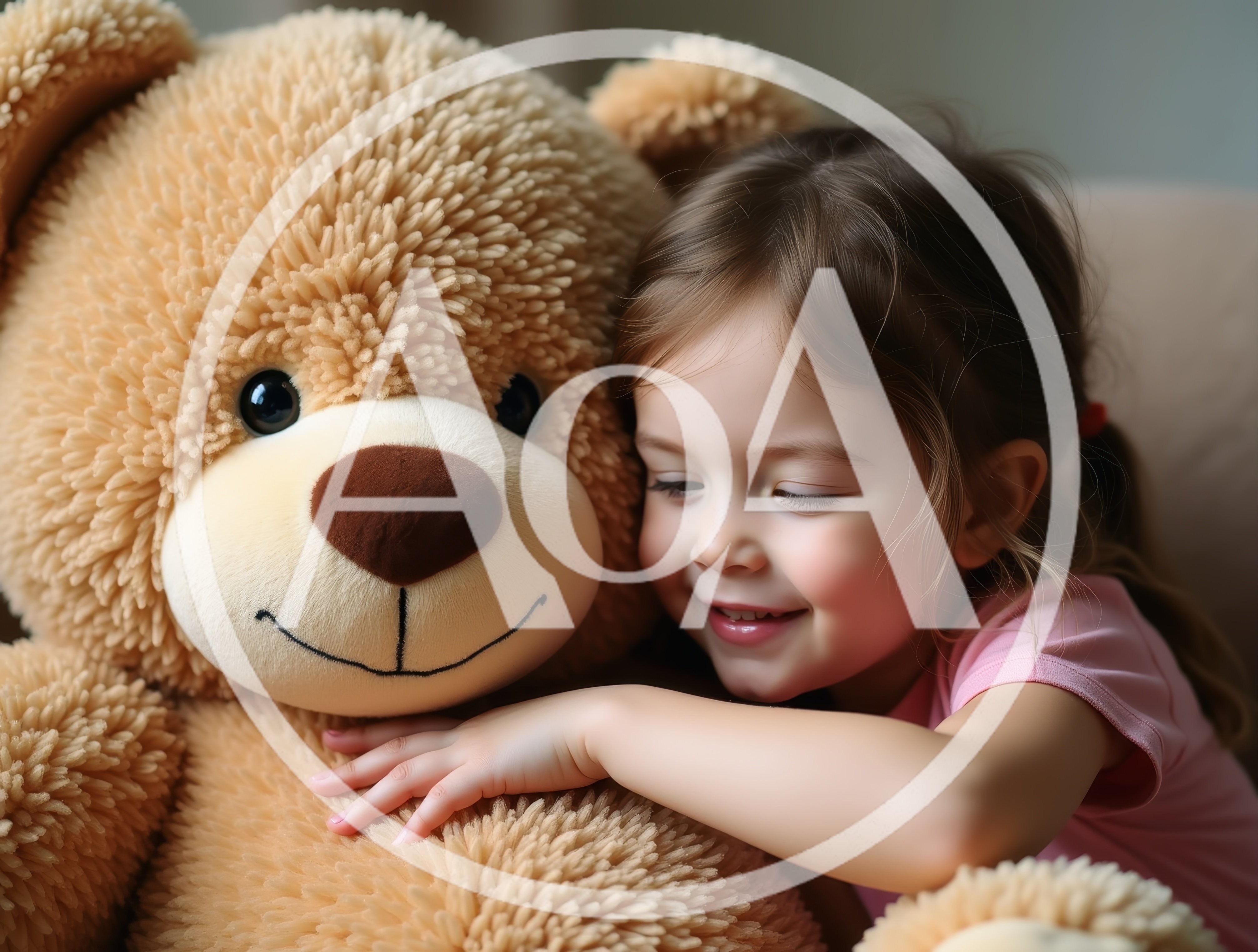 Little girl hugging giant teddy bear at home