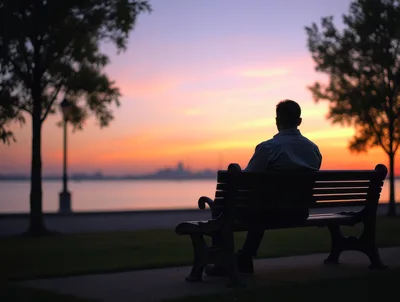 Man Sitting Alone On Park Bench At Sunset
