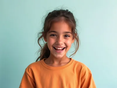 Happy Young Girl Smiling Against A Light Blue Background
