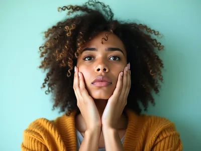 Young Woman With Curly Hair Touching Her Face