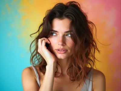 Young Woman With Messy Hair Posing Against Colorful Background