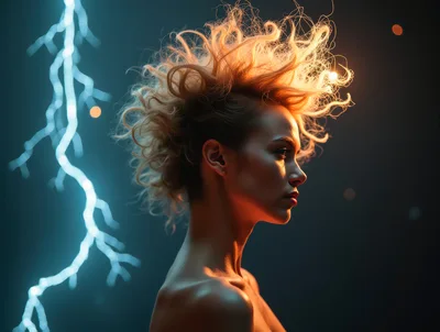 Portrait Of A Woman With Electrified Hair And Lightning
