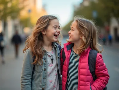 Two Young Girls Laughing Together Outdoors