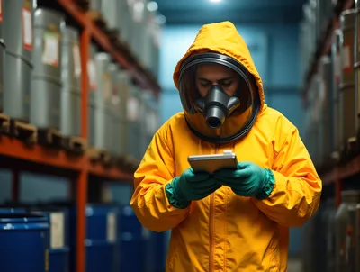 Hazmat Worker Inspecting Inventory With Digital Tablet