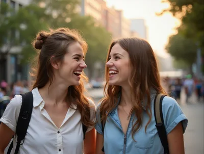 Two Young Women Laughing Together Outdoors