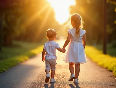 Young Siblings Walking Hand In Hand At Sunset