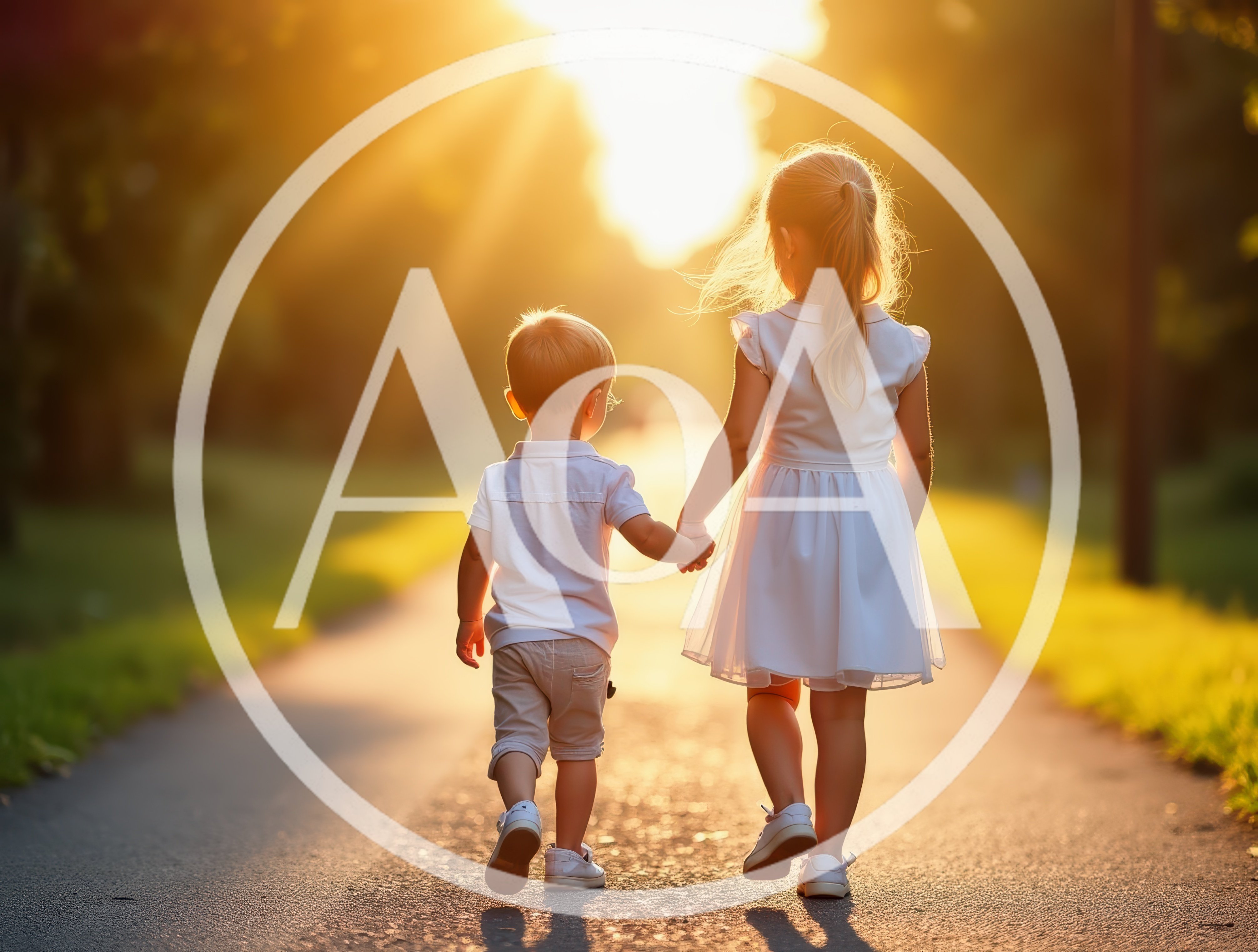 Young Siblings Walking Hand In Hand At Sunset