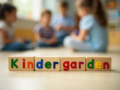 Wooden Blocks Spelling Kindergarten With Children In Background
