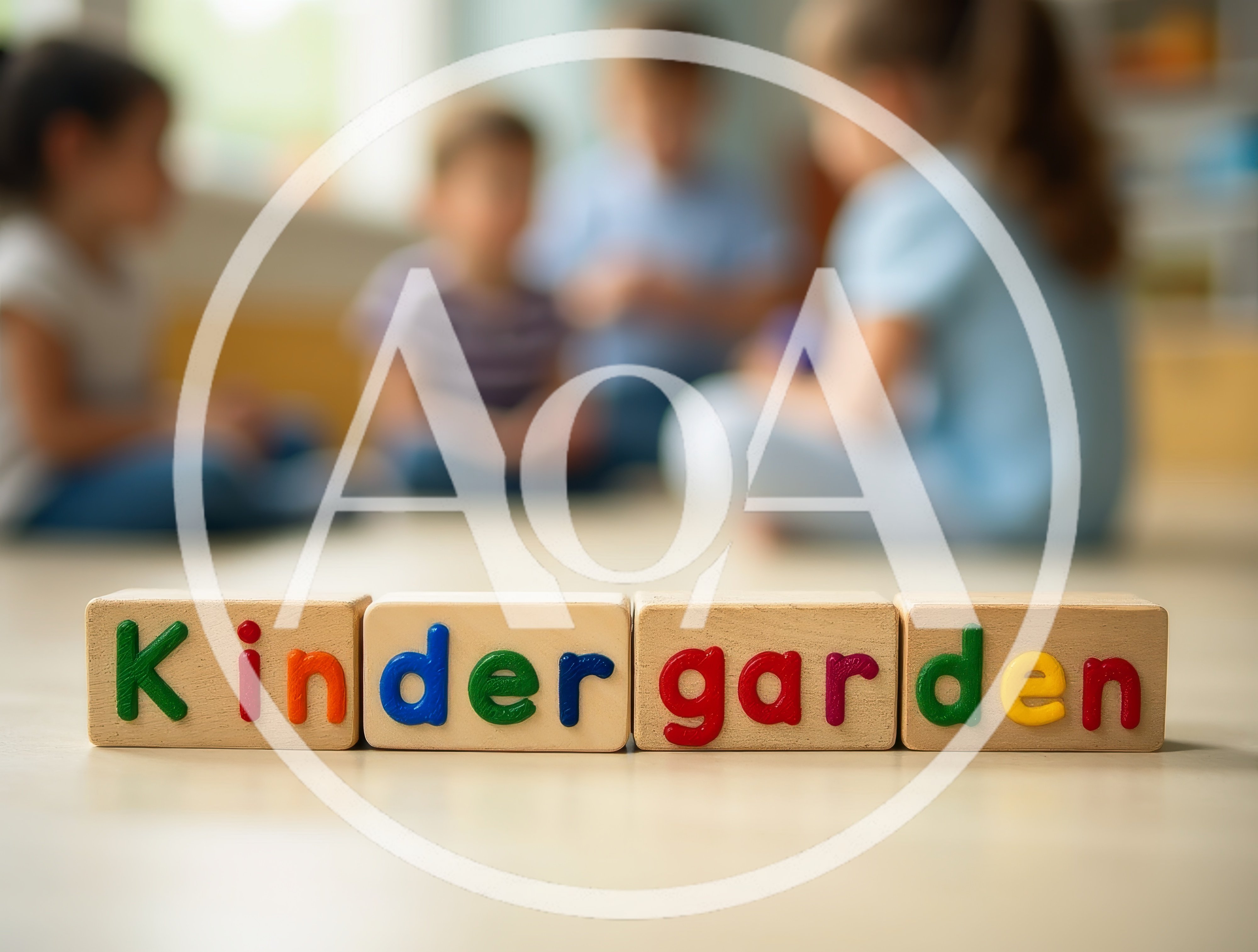 Wooden Blocks Spelling Kindergarten With Children In Background