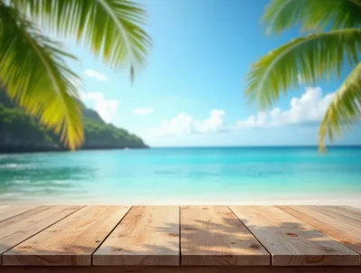 Wooden Table Overlooking Tropical Beach With Palm Leaves