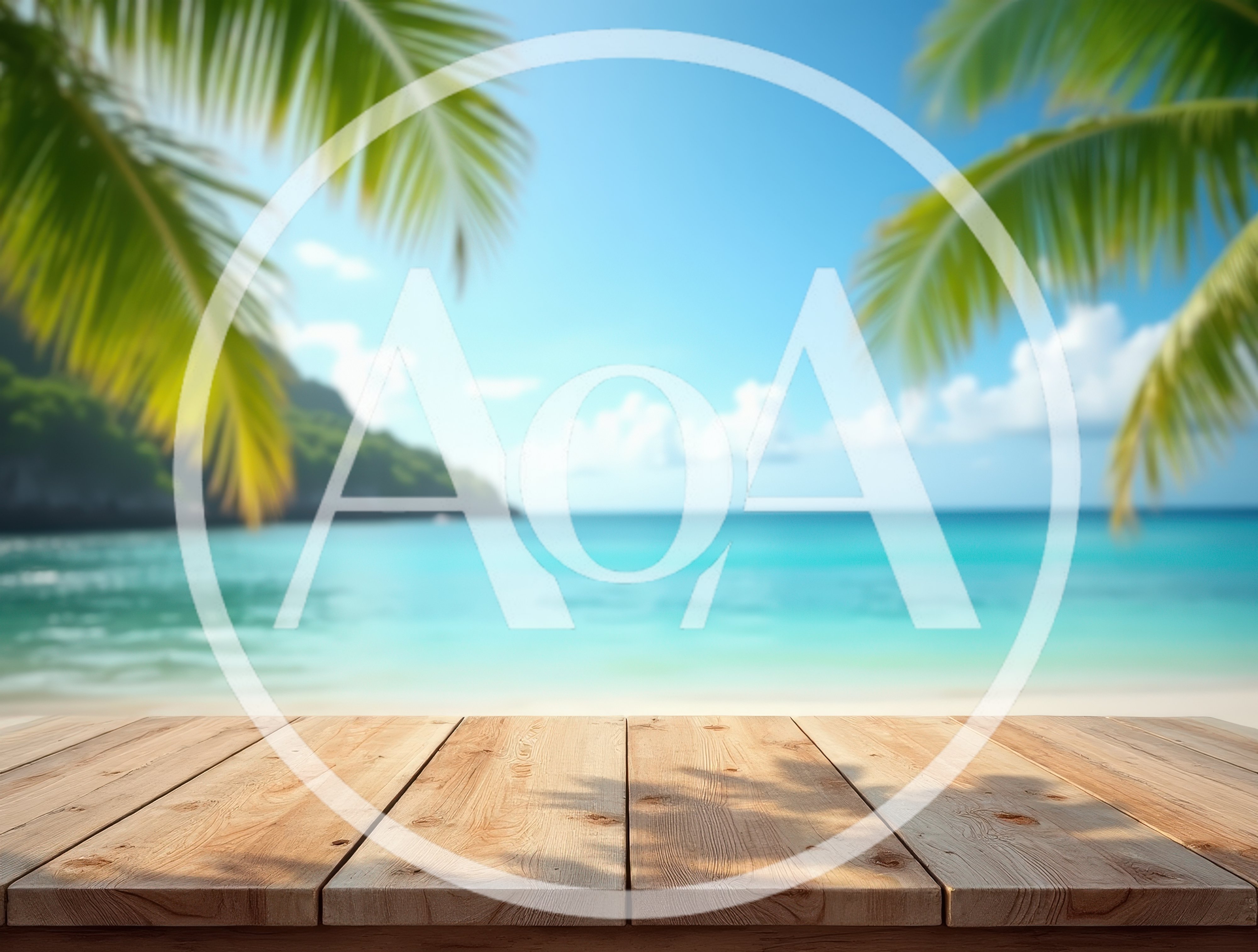 Wooden Table Overlooking Tropical Beach With Palm Leaves