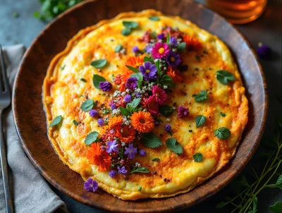 Gourmet Omelet Garnished With Edible Flowers On Wooden Plate