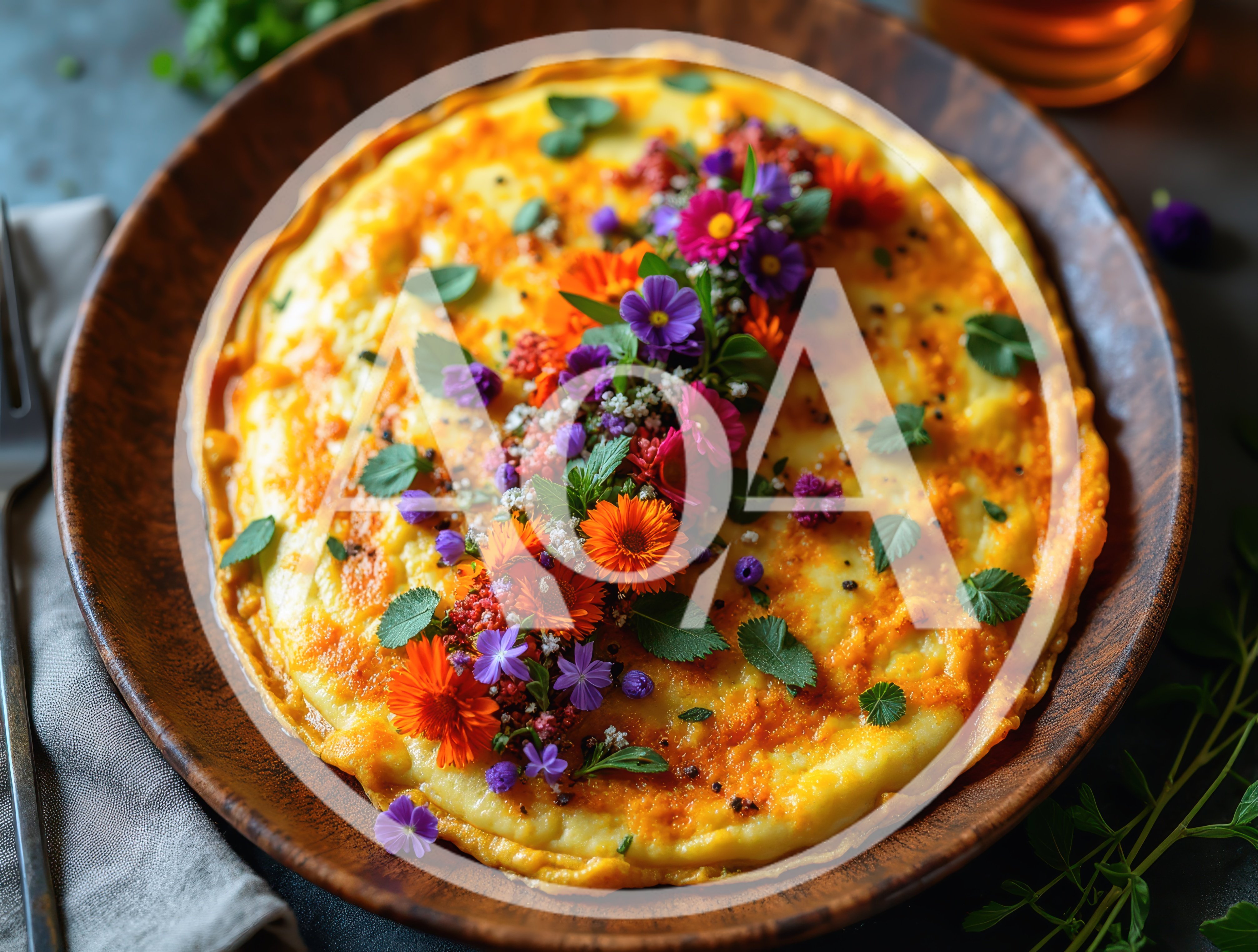 Gourmet Omelet Garnished With Edible Flowers On Wooden Plate