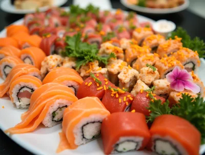 Assorted Sushi Platter With Salmon And Tuna Rolls