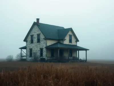 Abandoned Farmhouse Standing Alone In A Foggy Field