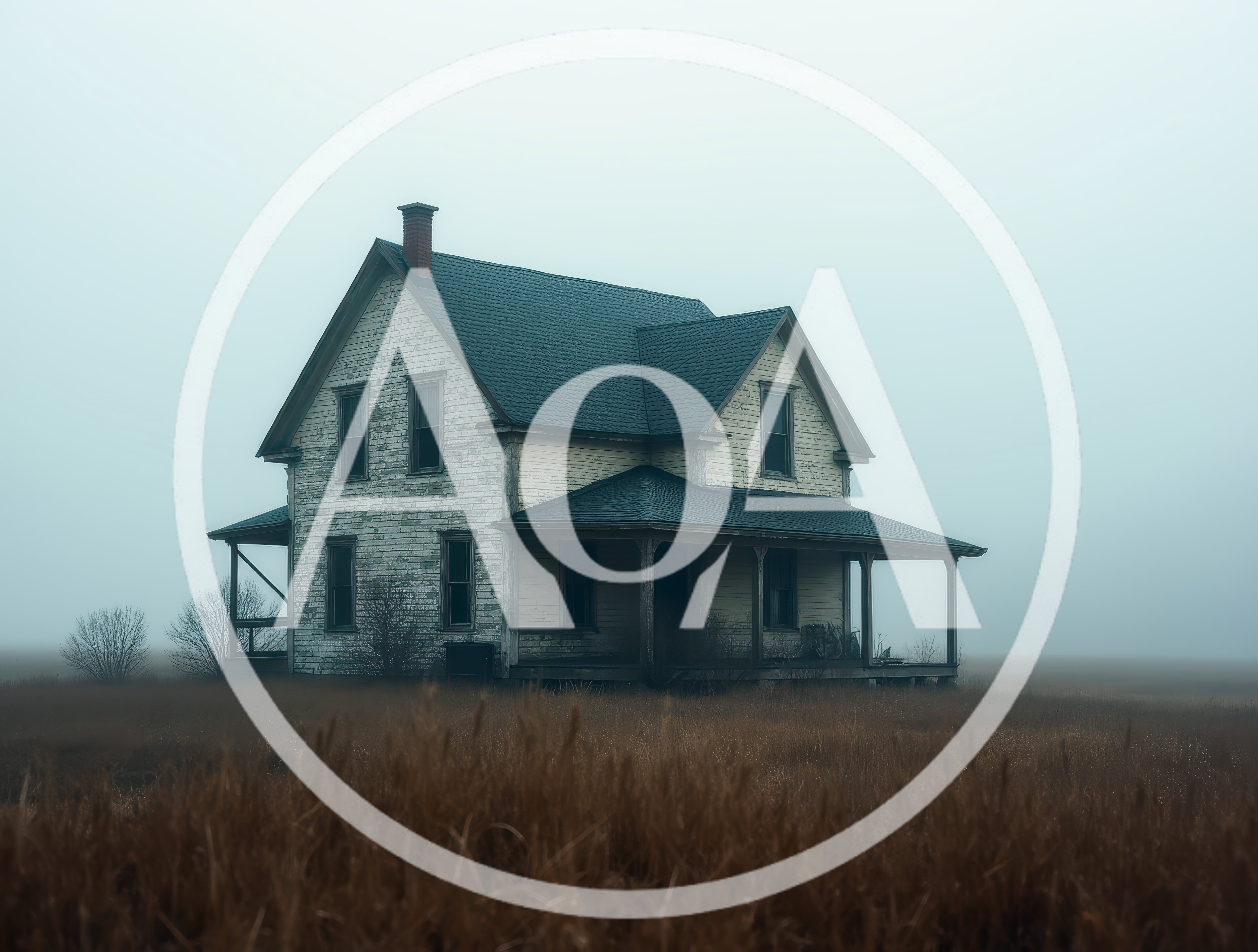 Abandoned Farmhouse Standing Alone In A Foggy Field