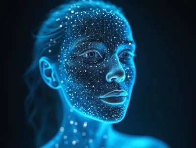 Digital Human Face With Glowing Neural Network Overlay