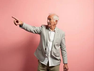 Senior Man Pointing Towards Something Against Pink Background