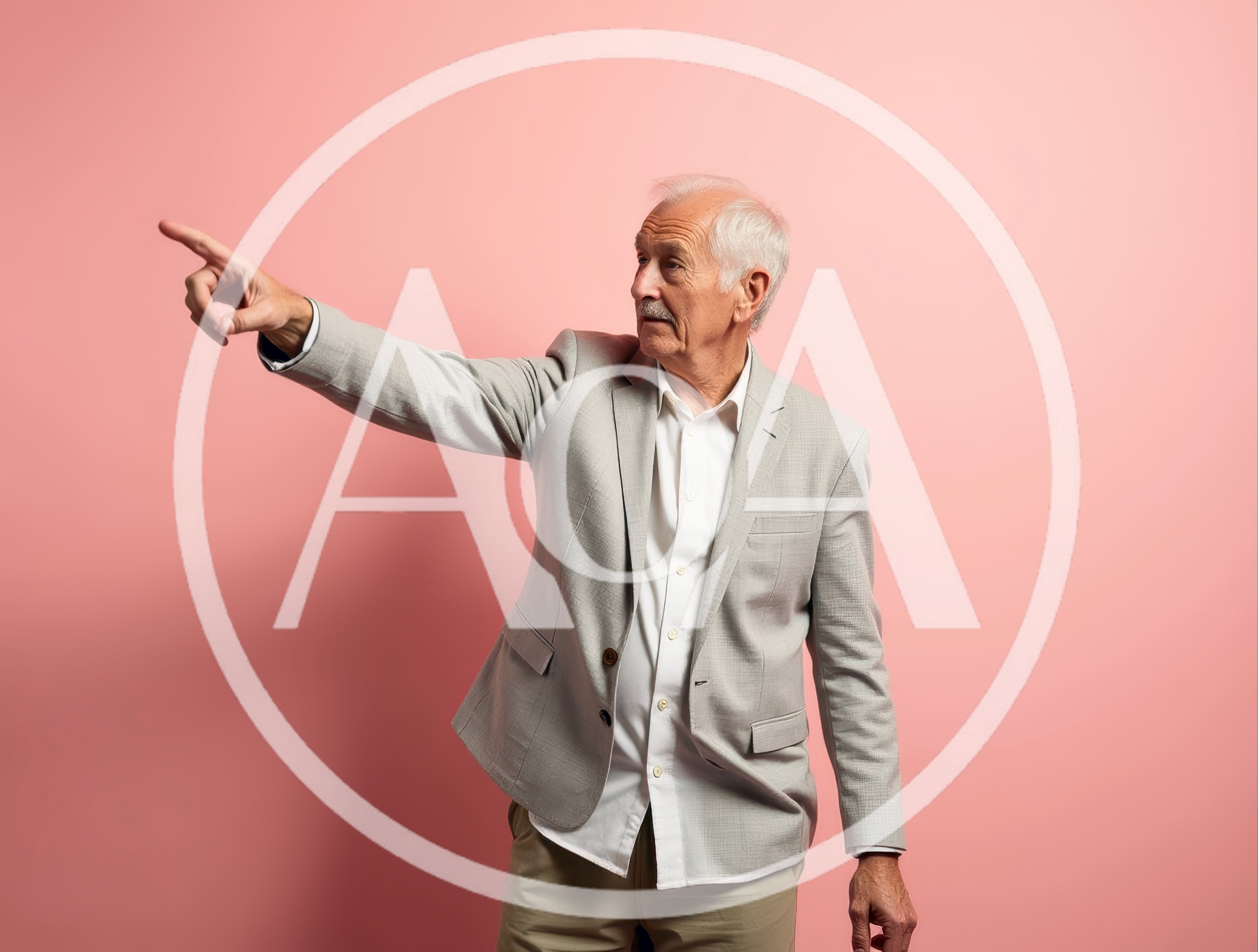 Senior Man Pointing Towards Something Against Pink Background
