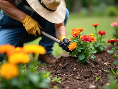 Gardener Planting Colorful Flowers In A Garden Bed