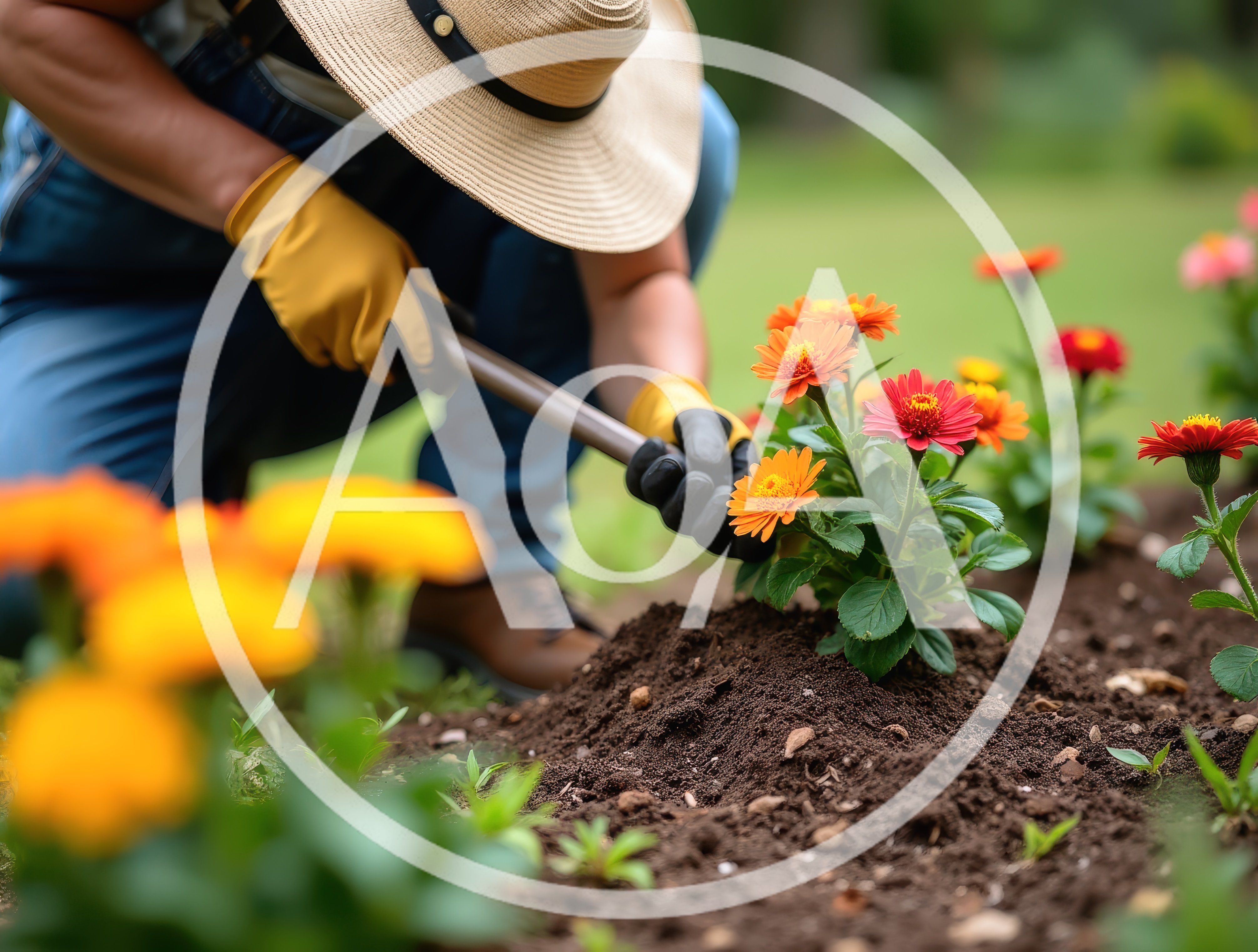 Gardener Planting Colorful Flowers In A Garden Bed