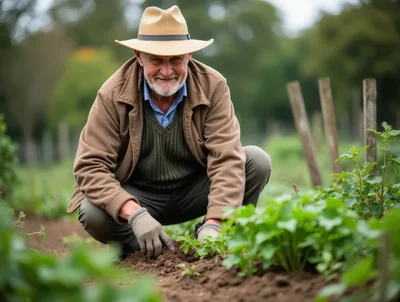 Senior Farmer Tending To Plants In A Garden