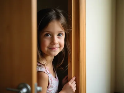 Young Girl Peeking Through A Half Open Door