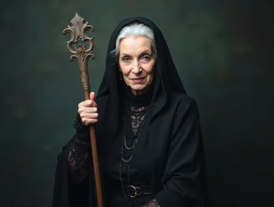 Elderly Woman In Black Robes Holding Ornate Staff