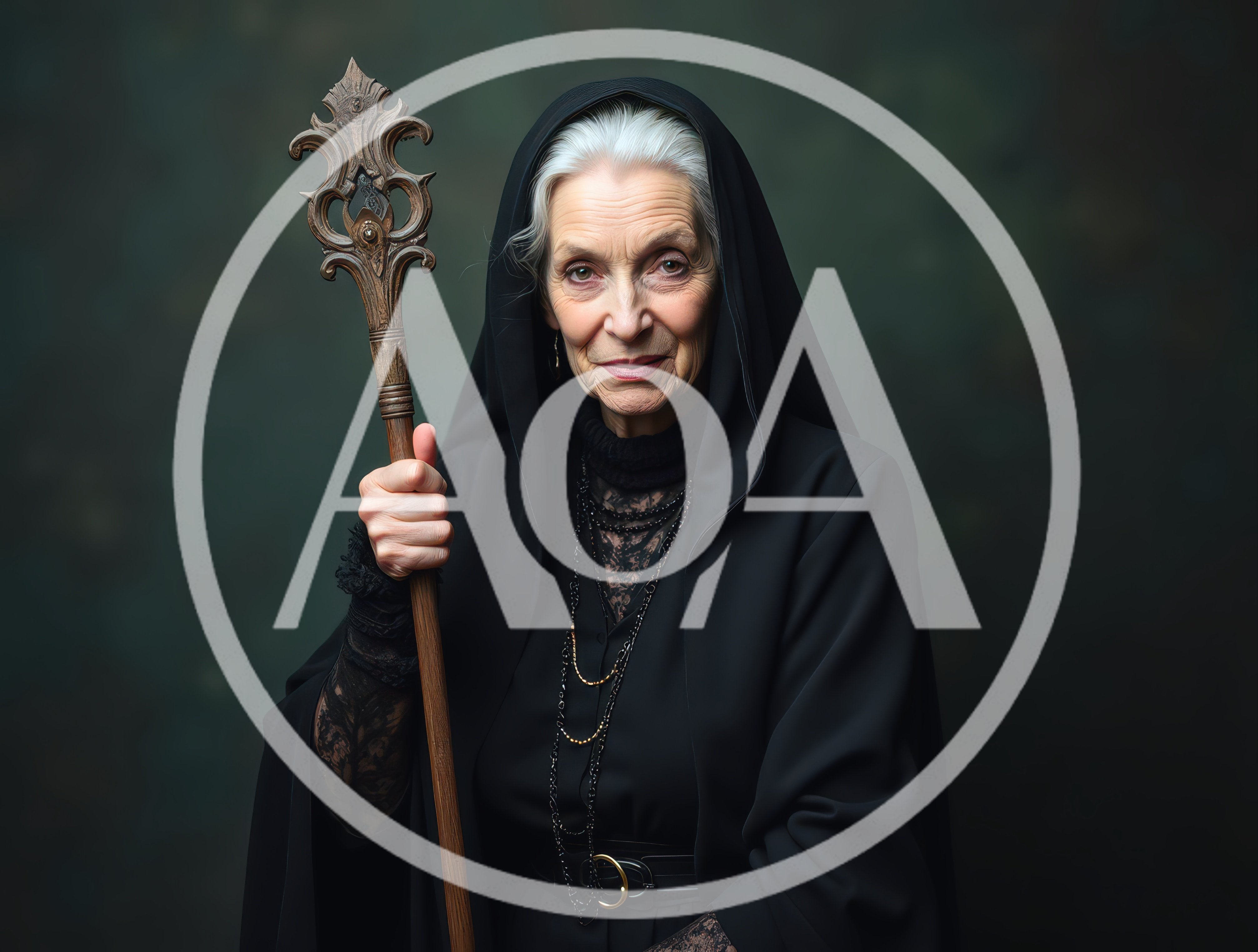Elderly Woman In Black Robes Holding Ornate Staff