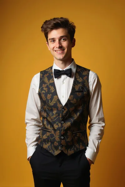 Young Man Wearing Patterned Vest And Bow Tie