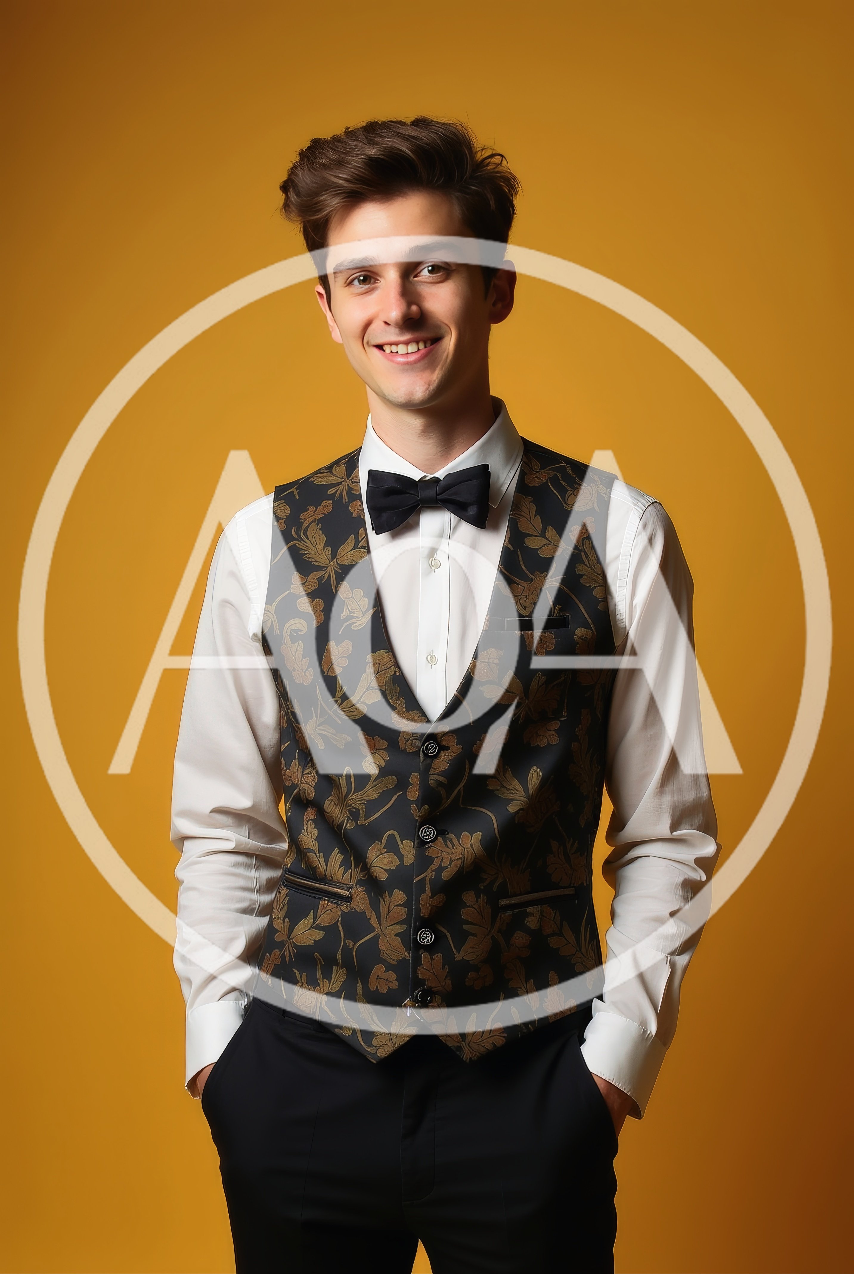 Young Man Wearing Patterned Vest And Bow Tie