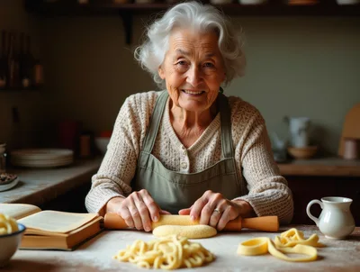 Elderly Woman Rolling Fresh Pasta Dough In Kitchen