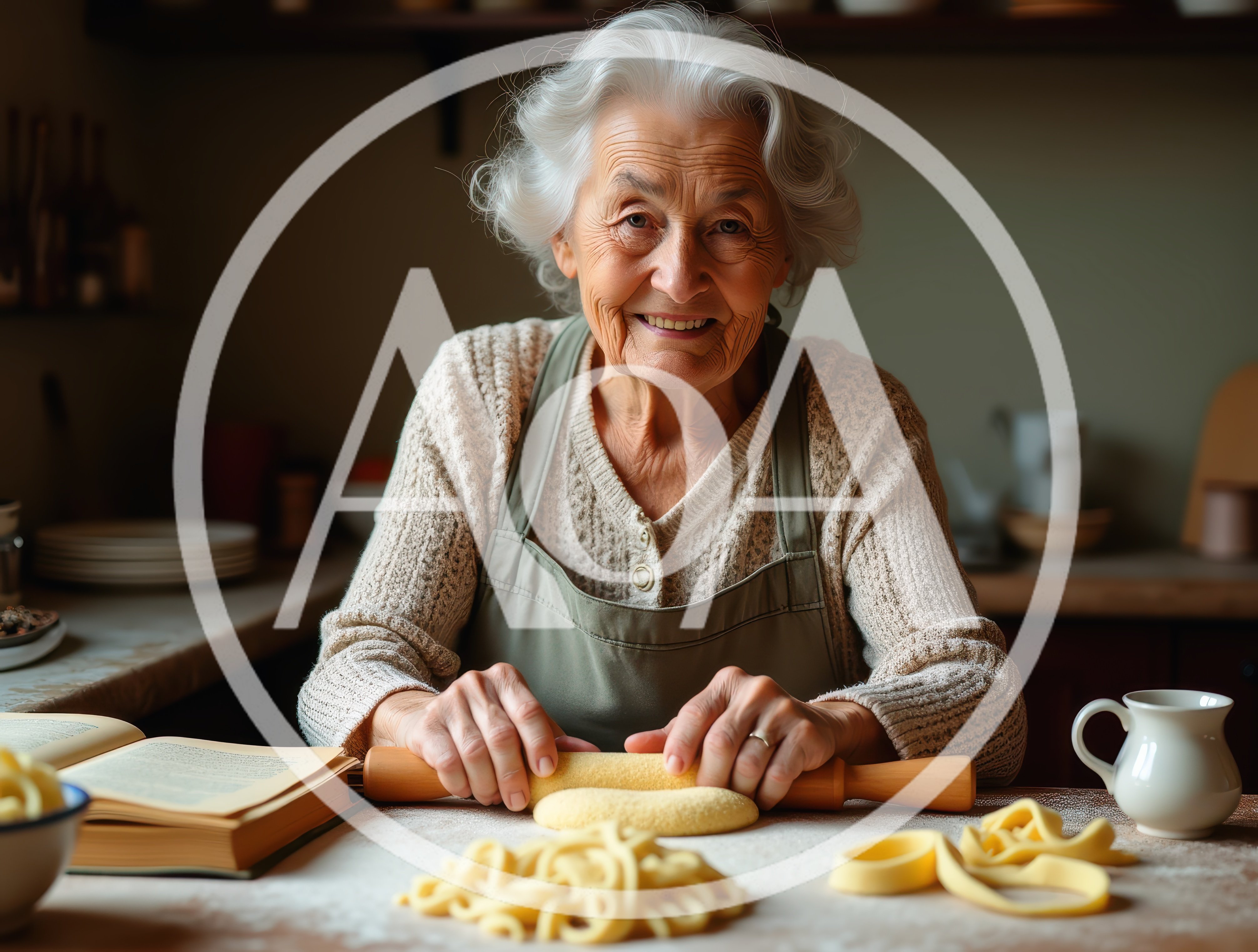 Elderly Woman Rolling Fresh Pasta Dough In Kitchen