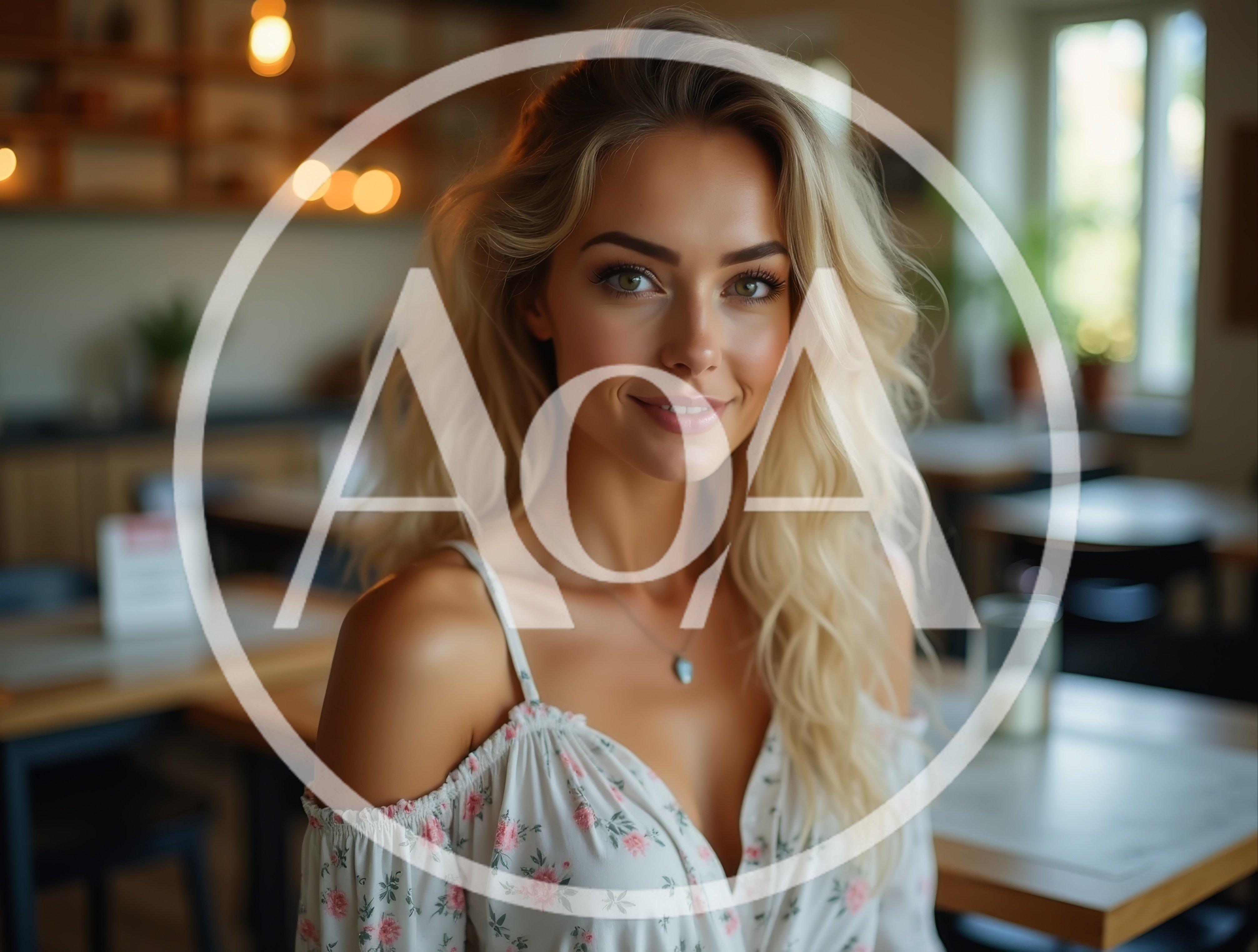 Portrait Of A Beautiful Blonde Woman In A Cafe