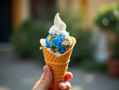 Hand Holding A Globe Shaped Ice Cream Cone