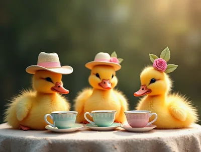 Three Cute Ducklings Having A Tea Party