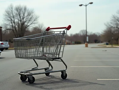 Empty Metal Shopping Cart In An Abandoned Parking Lot