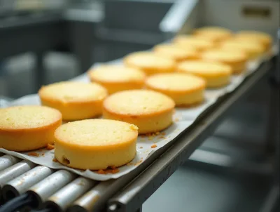Freshly Baked Round Cakes On Industrial Conveyor Belt