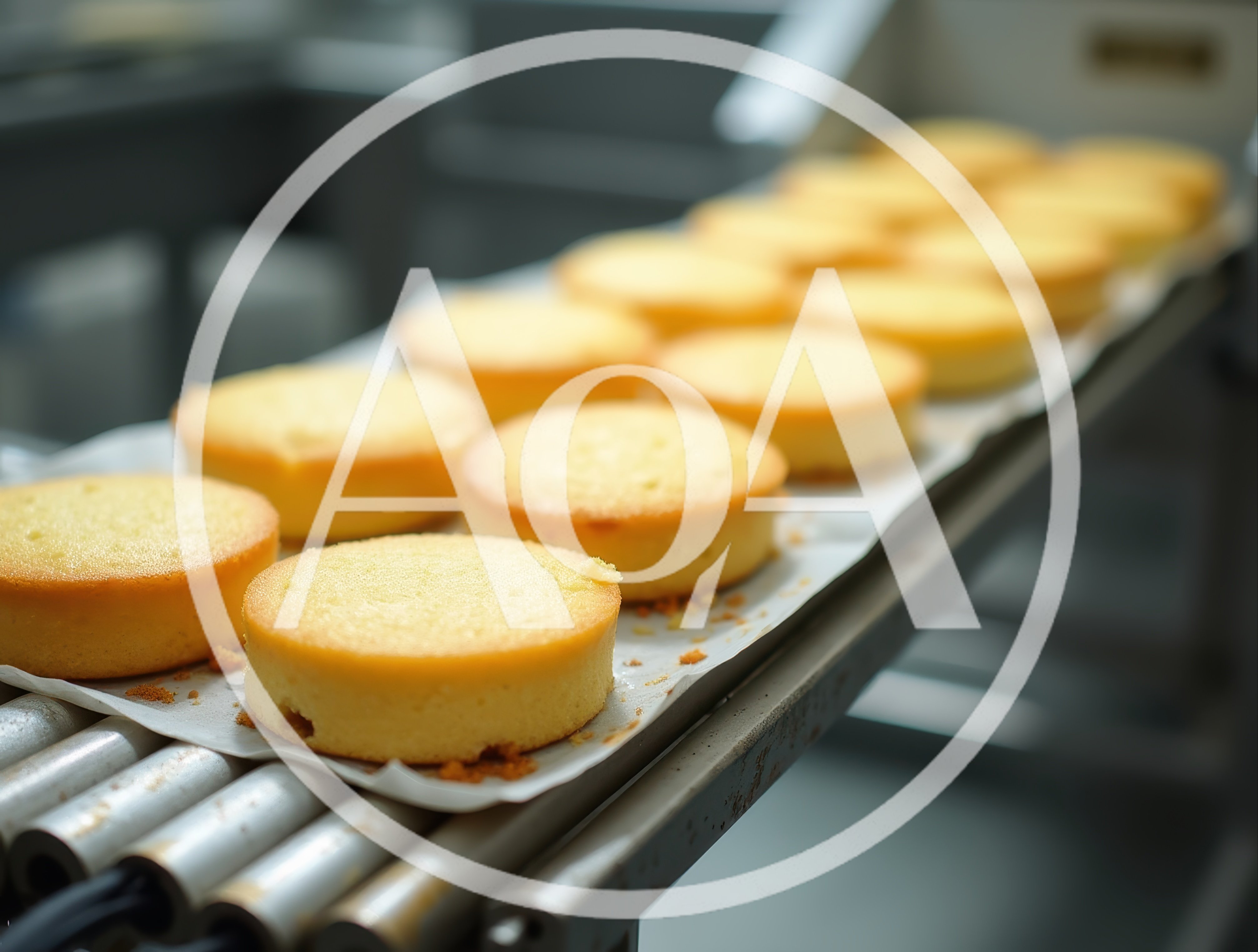 Freshly Baked Round Cakes On Industrial Conveyor Belt