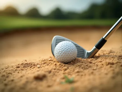 Golf Ball And Iron Club In Sand Bunker