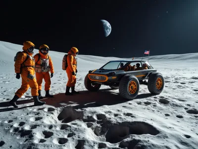 Astronauts Exploring Lunar Surface With Rover