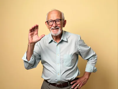 Cheerful Senior Man Waving Hello Against Yellow Background
