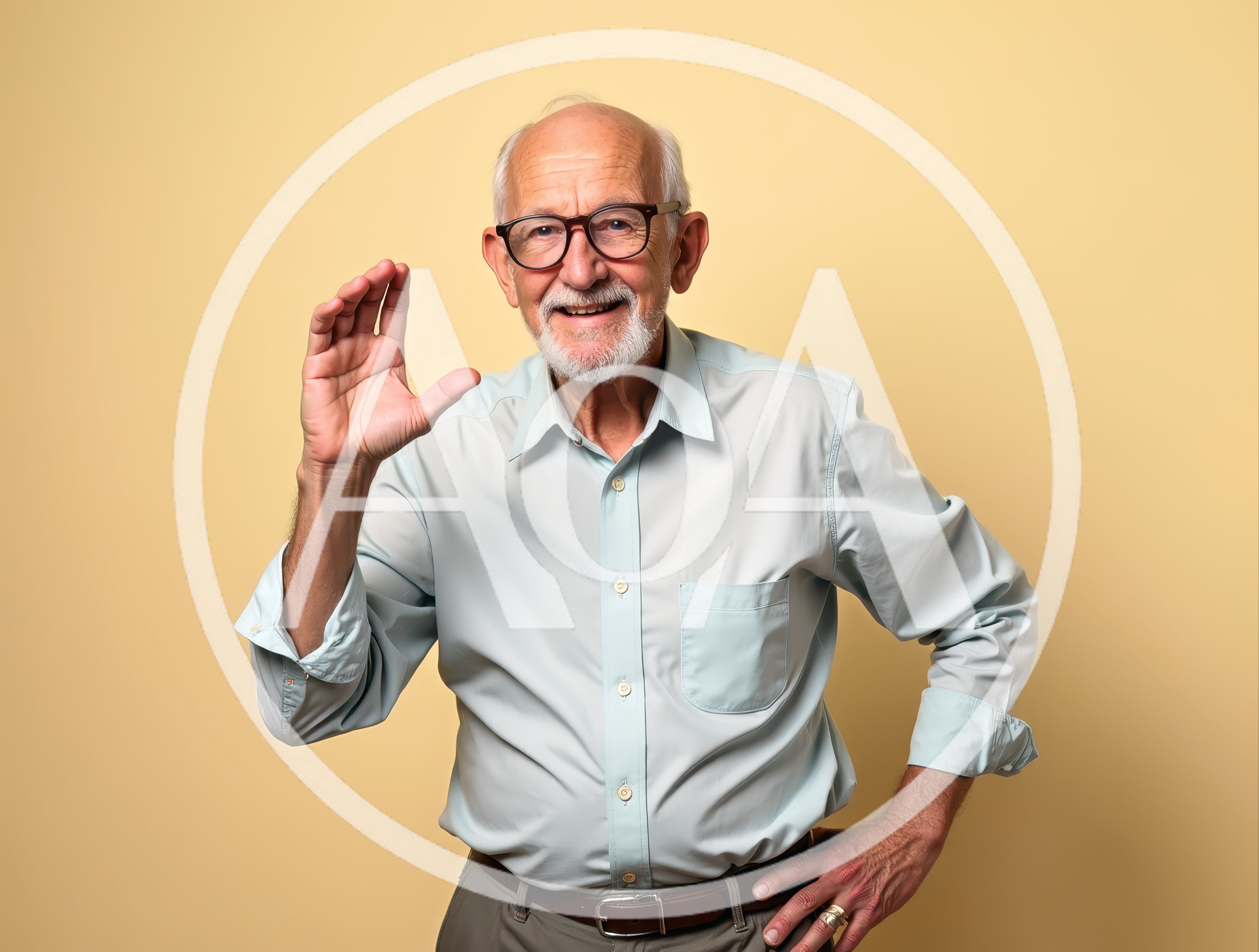 Cheerful Senior Man Waving Hello Against Yellow Background