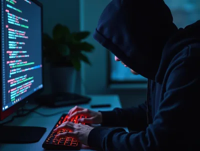 Hacker In Hoodie Typing On Illuminated Mechanical Keyboard