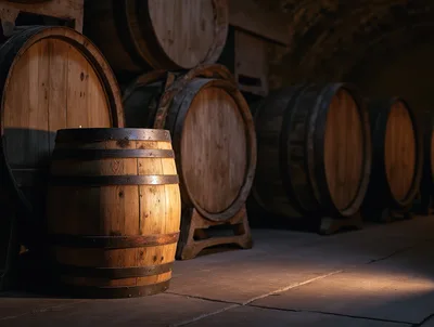 Wooden Wine Barrels Stored In A Dimly Lit Cellar